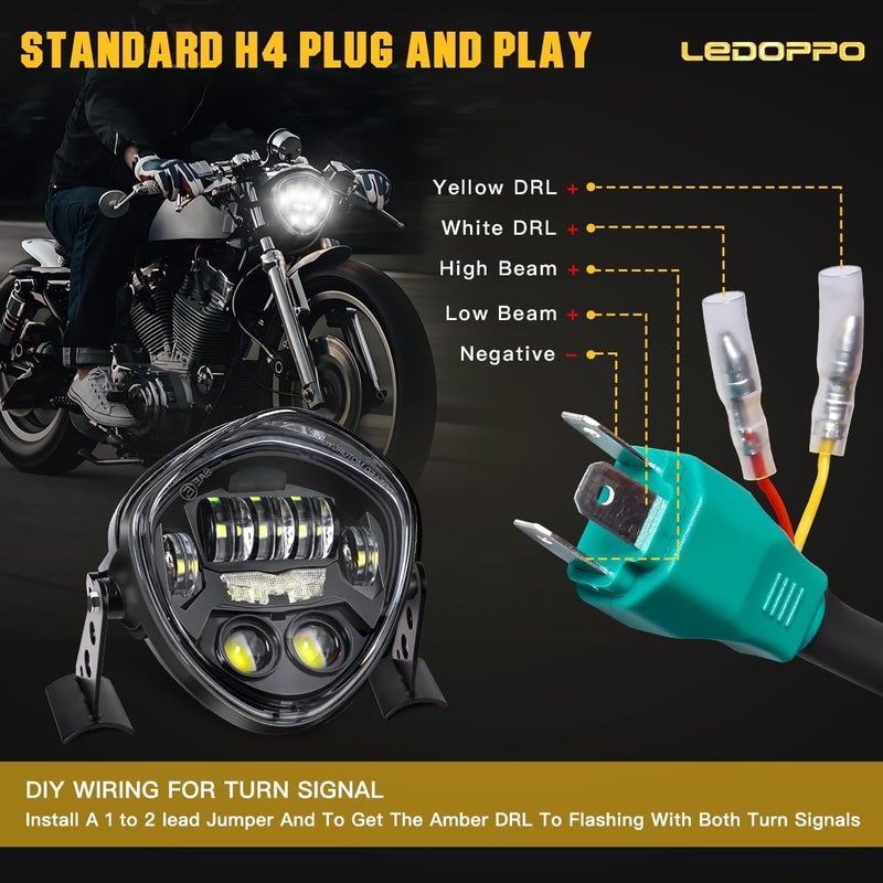 LEDOPPO 7-Inch LED Motorcycle Headlight Assembly with Clamp Mount Brackets Fits 27-57mm O.D. Forks for Cafe Racer/Chopper/Bobber/Scrambler, Features Turn Signal/DRL, Demon Eye, Hi-Low Beam - Image 4